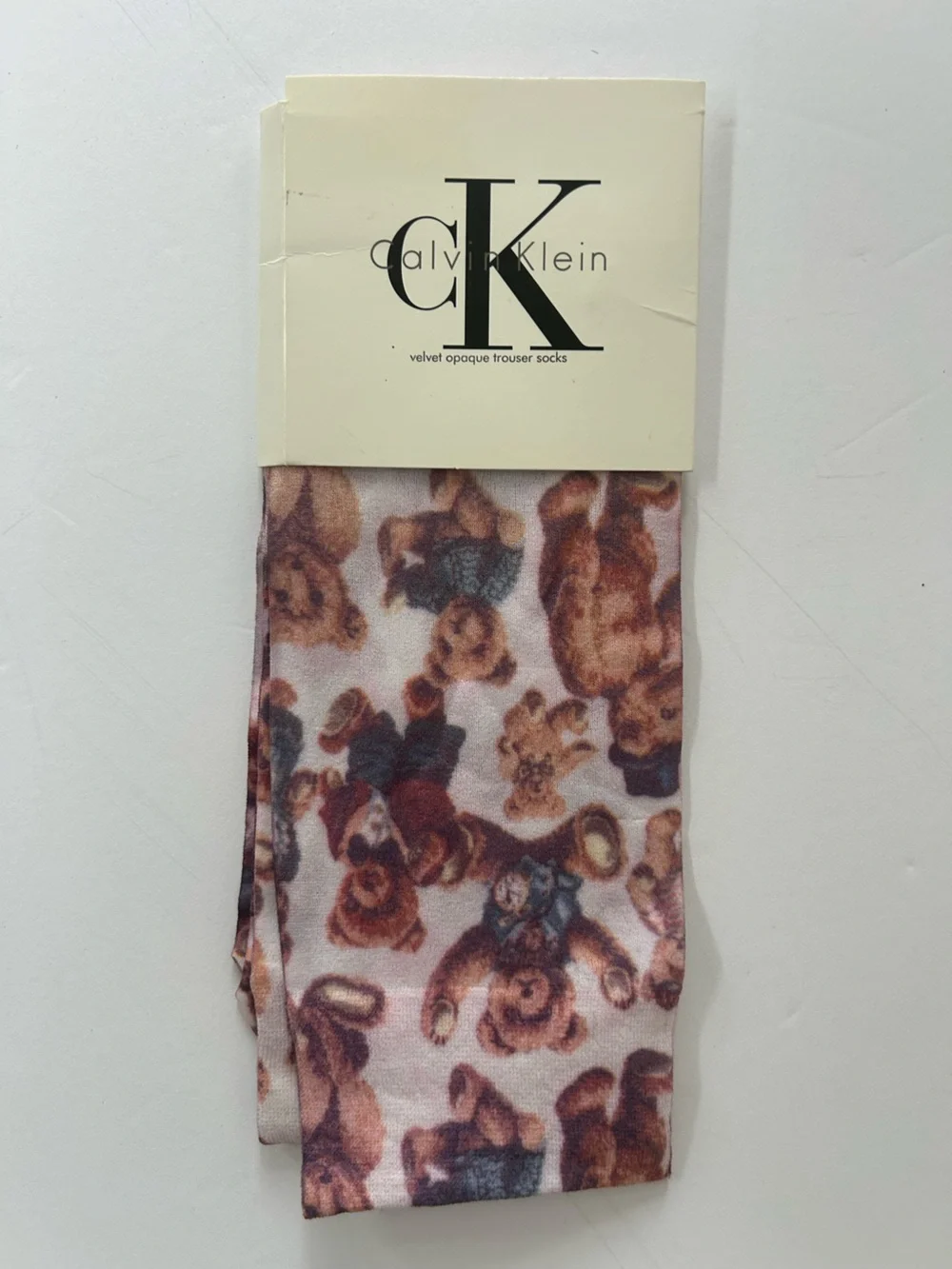 Calvin Klein Velvet Opaque Teddy Bear Print Dress Socks- Brown, Pink, Cream